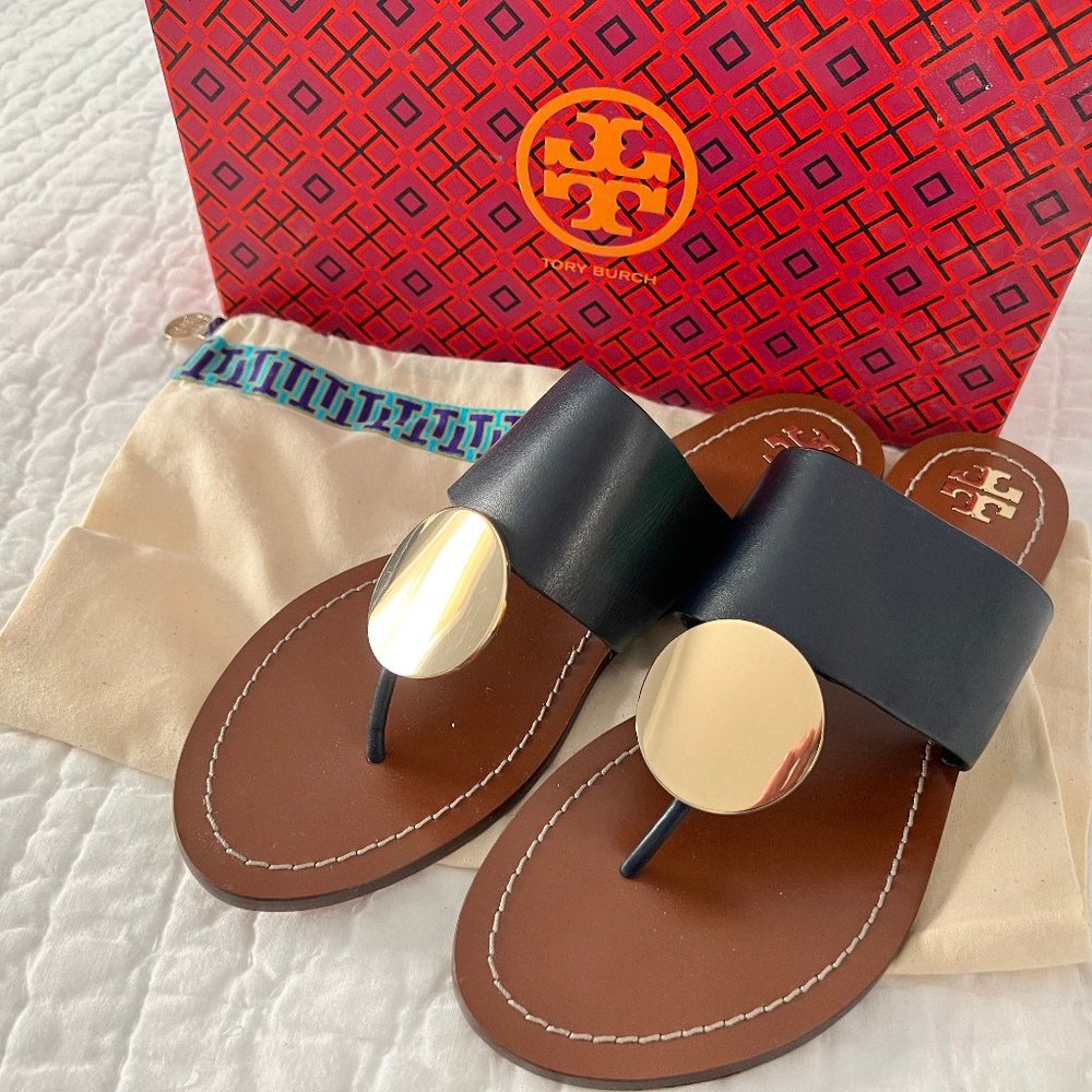 New Tory Burch Patos Disk Sandal, Calf Leather, Navy Gold , Size 9.5